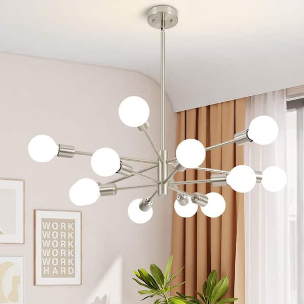 Modern 12 Light Nickel Sputnik Chandelier Ceiling Light Height Adjustable for Dining Room with No Bulbs Included