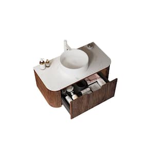 Baye 35 in. Floating Dark Walnut Bath Vanity with White Ceramic Sink and Artificial Marble Top Unassembled