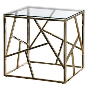 Modern Square End Side Table, Tempered Glass Top Metal Coffee Table, Gold