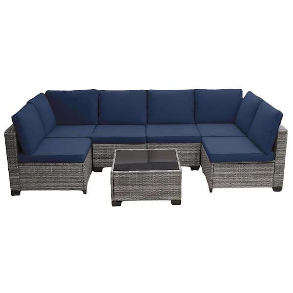 Timeless Gray 7-Piece Wicker Patio Conversation Sectional Seating Set with CushionGuard Blue Cushions and Glass Table
