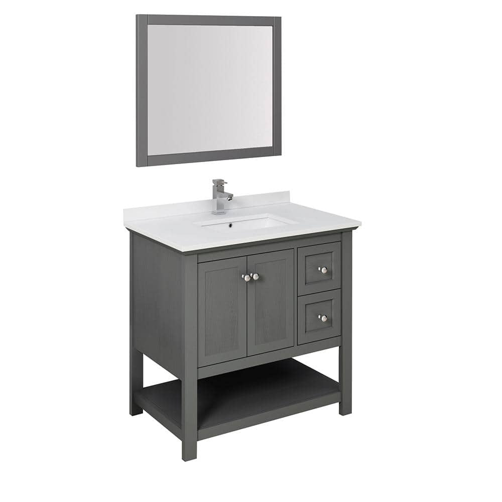 Manchester Regal 36 in. W Bathroom Vanity in Gray Wood with Quartz Stone Vanity Top in White with White Basin and Mirror -  Fresca, FVN2336VG