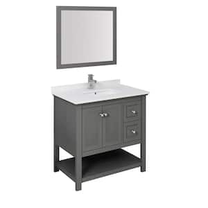 Manchester Regal 36 in. W Bathroom Vanity in Gray Wood with Quartz Stone Vanity Top in White with White Basin and Mirror