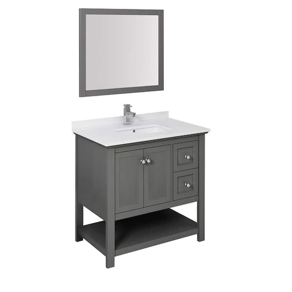 Fresca Manchester Regal 36 in. W Bathroom Vanity in Gray Wood with Quartz Stone Vanity Top in White with White Basin and Mirror
