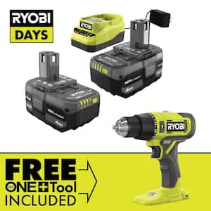 ONE+ 18V Lithium-Ion 4.0 Ah Compact Battery (2-Pack) and Charger Kit with FREE Cordless ONE+ Hammer Drill
