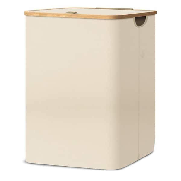 100L Laundry Hamper with Lid,Tall Laundry Baskets with Bamboo Pull Handles,Beige