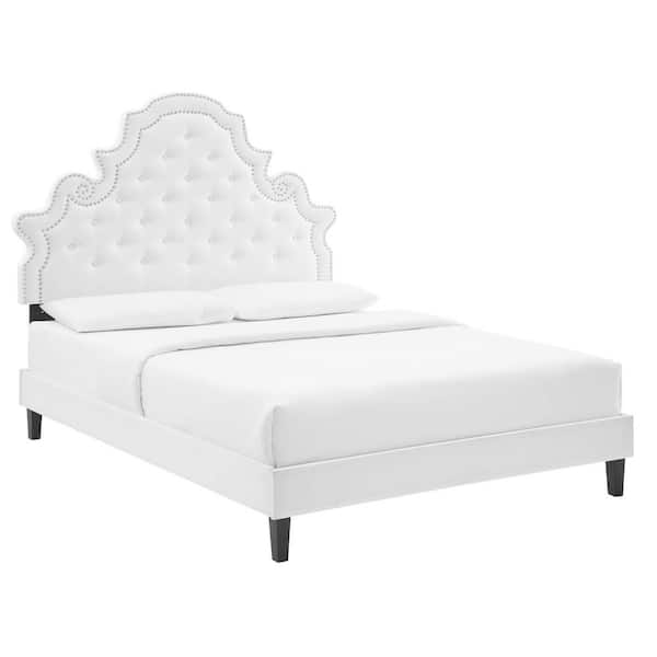 MODWAY Gwyneth Tufted Performance Velvet Queen Platform Bed in White