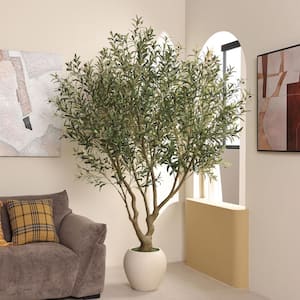 8 ft. Artificial Olive Tree with White Planter, Fake Olive Silk Tree for Indoor Home Decor and Housewarming Gift