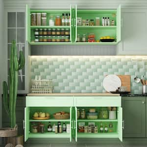 Green Wooden 63 in. W Buffet Sideboard, Storage Cabinet, with Wall Mounted Kitchen Cabinet (2 Parts)