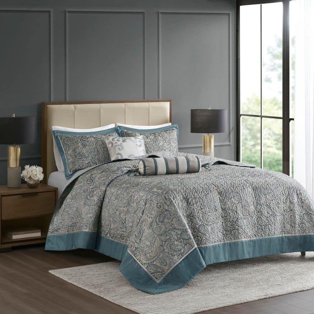 Teal and Gray Reversible Microfiber Queen Bedspread Set