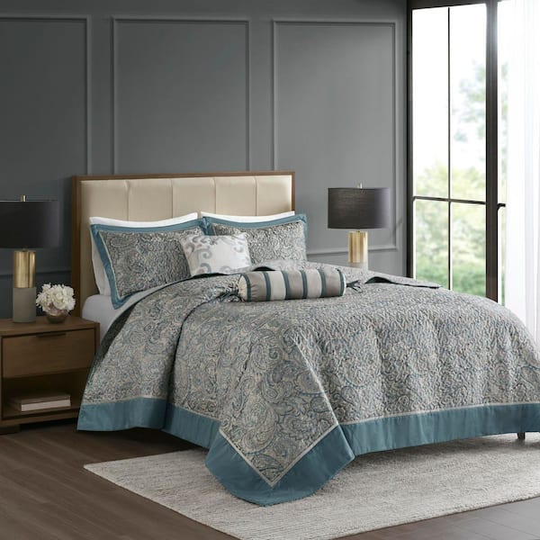 Whitman 5-Piece Teal Paisley Polyester Queen Jacquard Bedspread Set with Throw Pillows