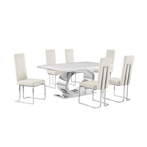 Ibraim 7-Piece Rectangle White Marble Top With Stainless Steel Base Dining Set With 6 Cream Velvet Chrome Iron Chair