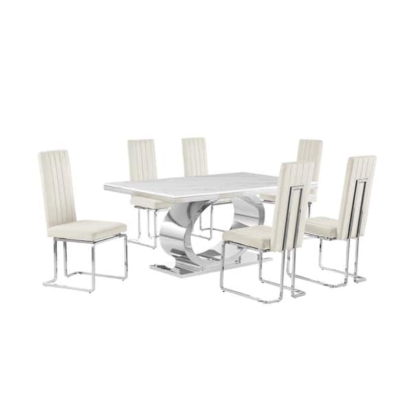 Best Quality Furniture Ibraim 7-Piece Rectangle White Marble Top With Stainless Steel Base Dining Set With 6 Cream Velvet Chrome Iron Chair