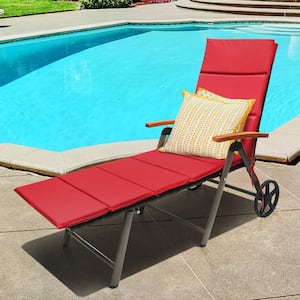 2-Piece Folding Wicker Outdoor Chaise Lounge Chair Cushioned Recliner with Wheels and Red Cushion