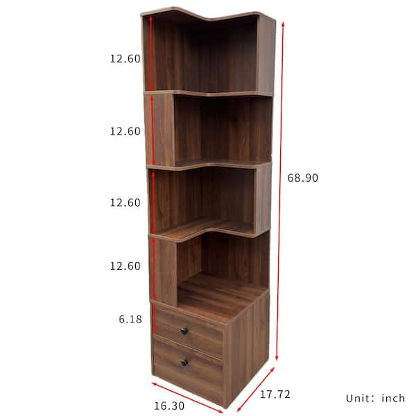 Makeo 68.9 in. Tall Walnut Wood 4-Tier Corner Storage Bookcase with Baffle and 2-Drawers