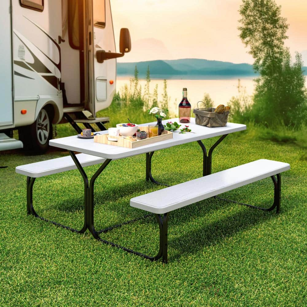 DEXTRUS 6 ft. White Outdoor Picnic Table Bench Set 64 in. WRectangle Camping Table Set with Stable Steel Frame HDFTPLPT 0001 The Home Depot