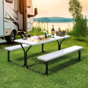 6 ft. White Outdoor Picnic Table Bench Set 64 in. WRectangle Camping Table Set with Stable Steel Frame
