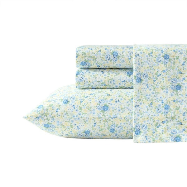 Laura Ashley Rowena 4-Piece Blue/Yellow Cotton Sateen Full Sheet
