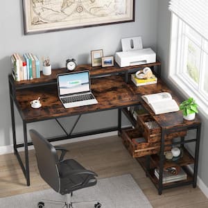 Moronia 55.1 in. Reversible L Shaped Desk Brown Particle Board 2-Drawer Computer Desk with Monitor Stand and Shelves