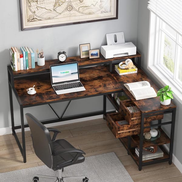 BYBLIGHT Moronia 55.1 in. Reversible L Shaped Desk Brown Particle Board 2-Drawer Computer Desk with Monitor Stand and Shelves