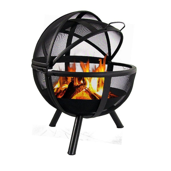Sunnydaze Decor Flaming Ball 30 in. x 36 in. Round Steel Wood Burning Fire Pit in Black with Cover