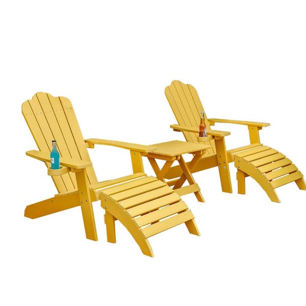 DIRECT WICKER Isabella Lemon Yellow 3-Piece Resin-Soaked Wood Outdoor Bistro Set with Adirondack Chairs, Coffee Table and Ottomans