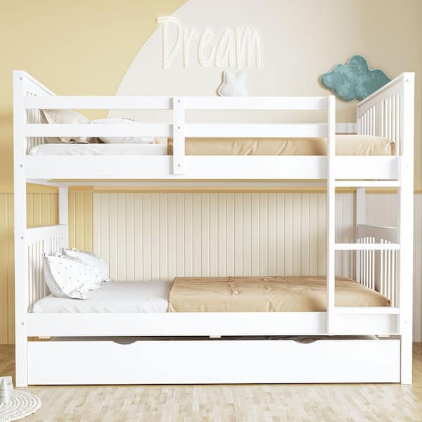 White Full Over Full Bunk Bed with Twin Size Trundle and Ladder