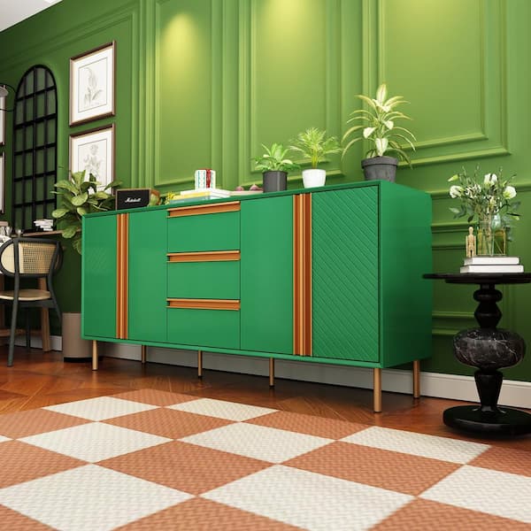 FUFU&GAGA Forest Style Retro Green 29.5 in. H Wooden Accent Storage Cabinet, Sideboard with 4-Shelves and 3-Drawers