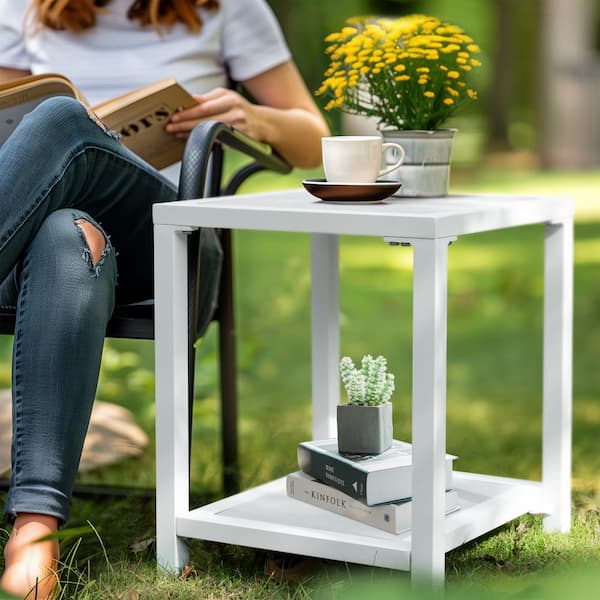 Patio Aluminum Frame PVC Resin Material Tabletop Double Layer Outdoor Side Table in White