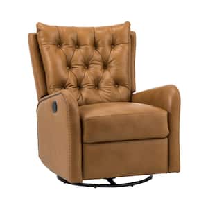 Herbert Camel Genuine Leather Manual Swivel Recliner Nursery Chair with Nailhead Trims