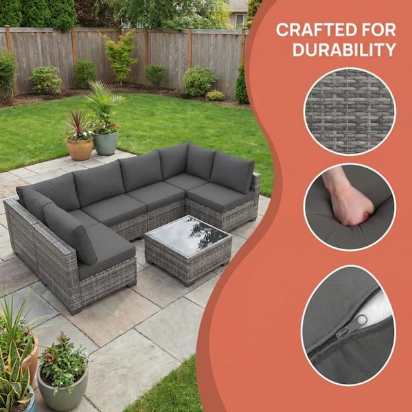 Zeus & Ruta 7-Piece Brown Wicker Outdoor Sectional Set with Blue