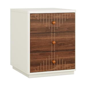 Fenley White and Brown Nightstand, 3-Drawer Bedside Table, End Table with Wood Knobs for Bedroom, Living Room