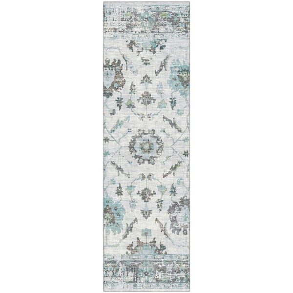 Mayfield Premium Machine Washable Abstract AMF1976 Teal 2 ft. x 7 ft. Runner Rug