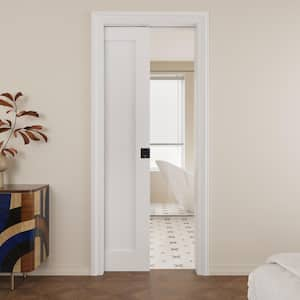 32 in. x 80 in. White Blank Primed Door Slab Wood Pocket Door Frame and Hardware (Soft Close and Black Lock Included)