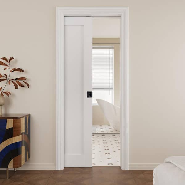 32 in. x 80 in. Paneled Blank White Primed Wood Pocket Door with Pocket Hardware (Soft Close and Black Lock Included)