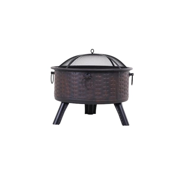 Unbranded 26 in. x 23 in. Outdoor Round Wood Burning Fire Pit with Wire Mesh Cover and Poker