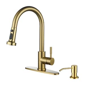 Single Handle Pull-Down Sprayer Kitchen Faucet Set Stainless Steel with Soap Dispenser in Gold