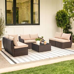 7-Piece Rattan Wicker Outdoor Patio Furniture Set Sectional Sofa Set with Ergonomic Curved Armrest with Khaki Cushion