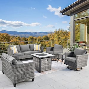 Jupiter 6-Pcs Wicker Outdoor Patio Fire Pit Seating Sofa Set and with Dark Gray Cushions and Swivel Rocking