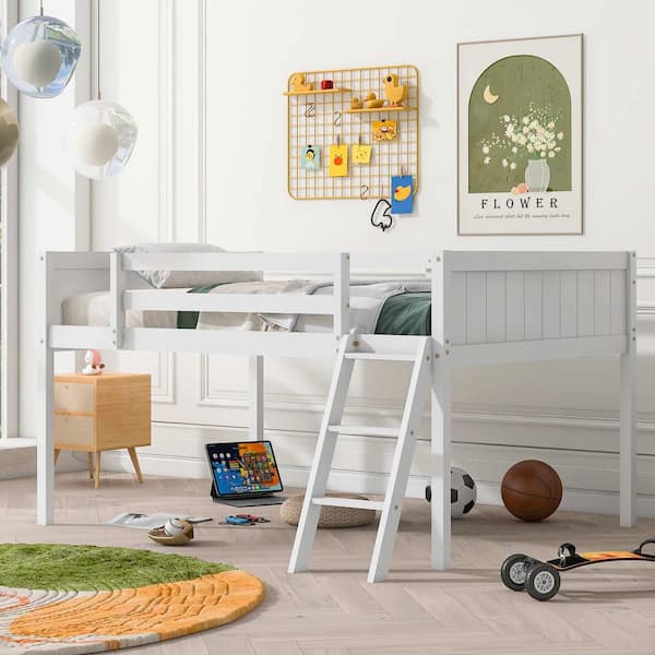 Polibi Full Size Wood Low Loft Bed with Ladder, ladder can be placed on the left or right, White