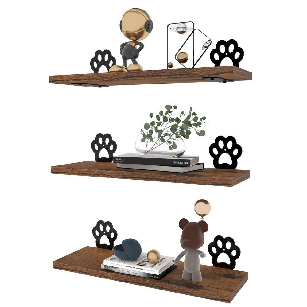 15.7 in. W x 5.1 in. D Paw Prints Wall Decor Floating Shelves Set of 3, Cute Rustic Wooden Shelf