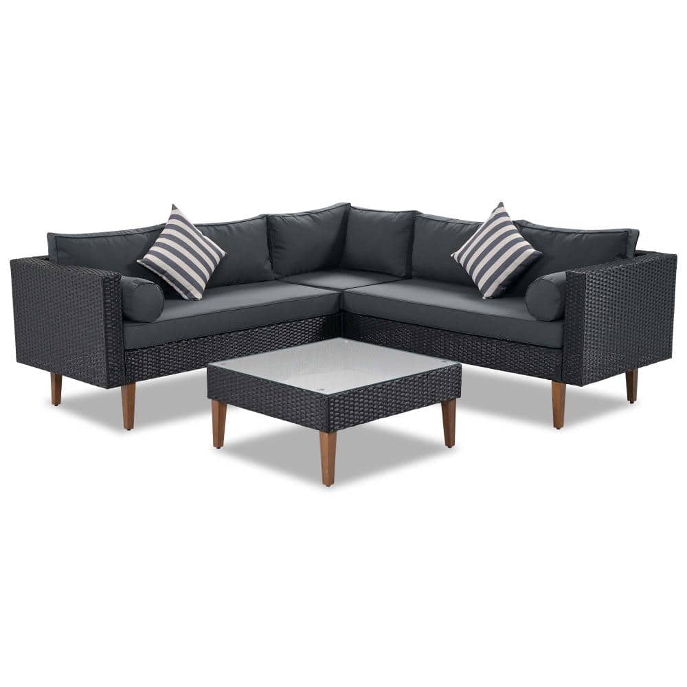 4-pieces Outdoor Wicker Sofa Set, Patio Furniture with Colorful Pillows,L-shape sofa set, Gray cushions & Black Rattan price history on PriceWatchPro