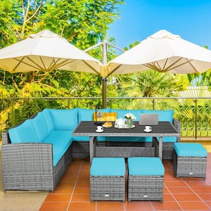 7-Piece Wicker Outdoor Sectional Set with Turquoise Cushions and Dining Table