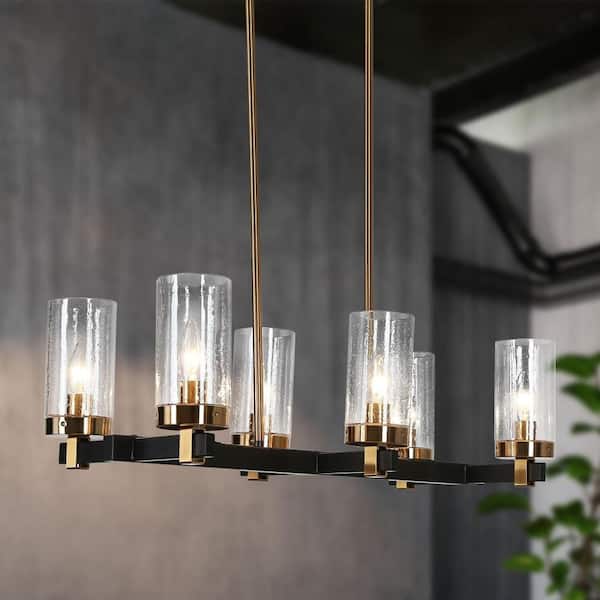 27 in. 6-Light Modern Black Chandelier, Farmhouse Chandelier with Seeded Glass Shade for Dining Room,Brass Pendant Light