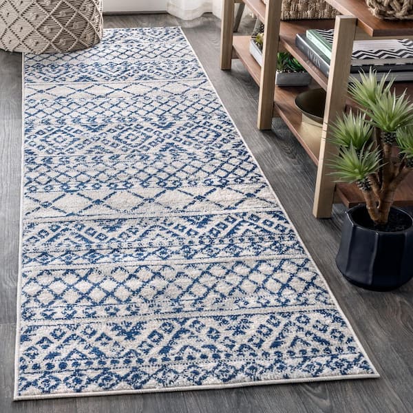 Moroccan HYPE Boho Vintage Tribal Cream/Blue 2 ft. 3 in. x 8 ft. Runner Rug