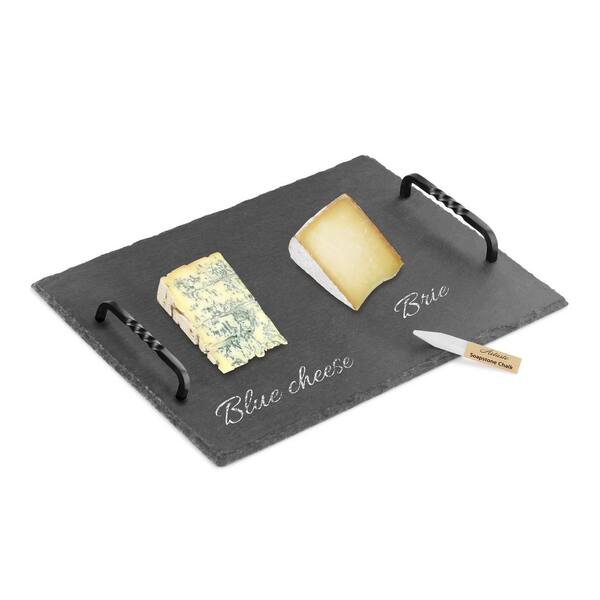 Artaste Slate Cheese Board and Soapstone Chalk Set with Die Cast Iron Handles, 12" x 16", Black