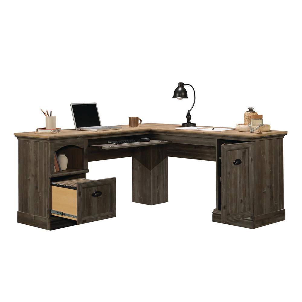 Pebble Pine L-Shaped Computer Desk with Storage and Keyboard Tray