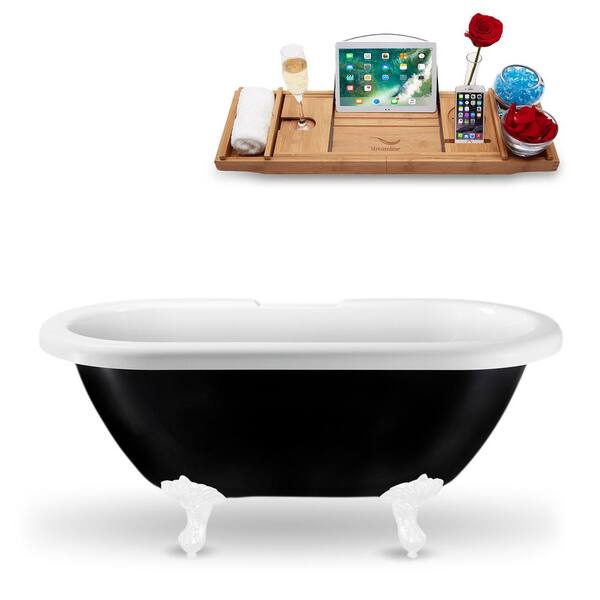 Streamline 59 in. Acrylic Clawfoot Non-Whirlpool Bathtub in Glossy Black with Polished Chrome Drain And Glossy White Clawfeet