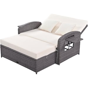 PE Wicker Rattan Outdoor Double Chaise Lounge Reclining Sunbed with 3-Height Adjustable Back and White Cushions