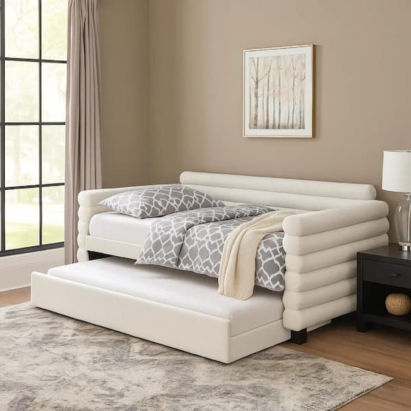 Ricia White Boucle Twin Daybed with Trundle Layered Bolster Design