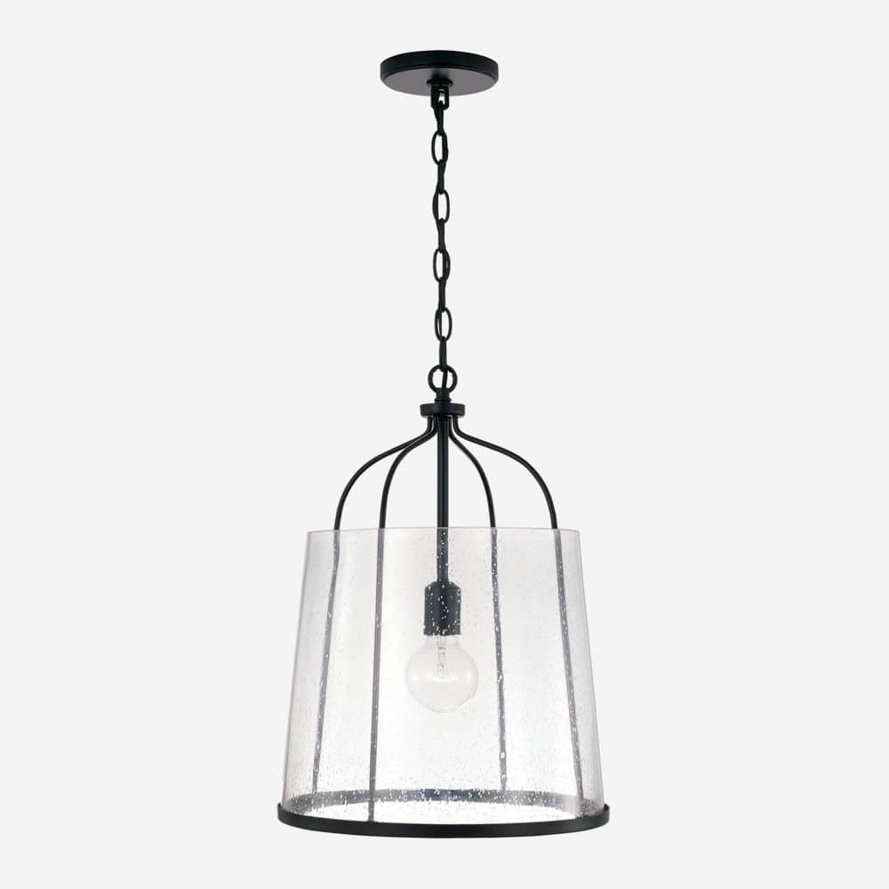 Madison Matte Black Brass Drum Pendant with Seeded Glass